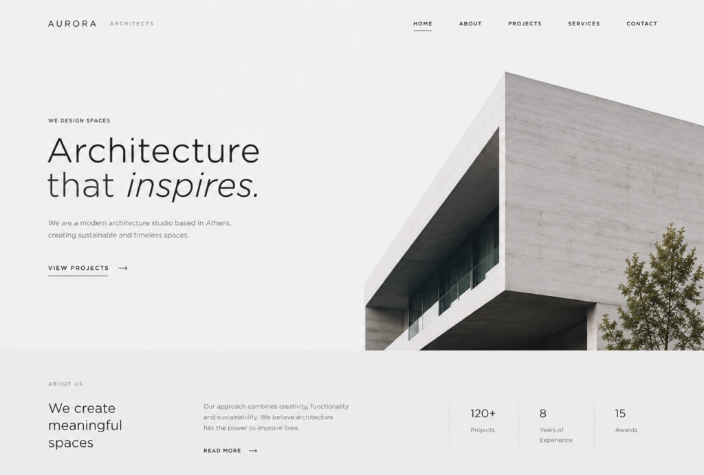 Homepage design for Aurora Architects demo website with modern minimal layout